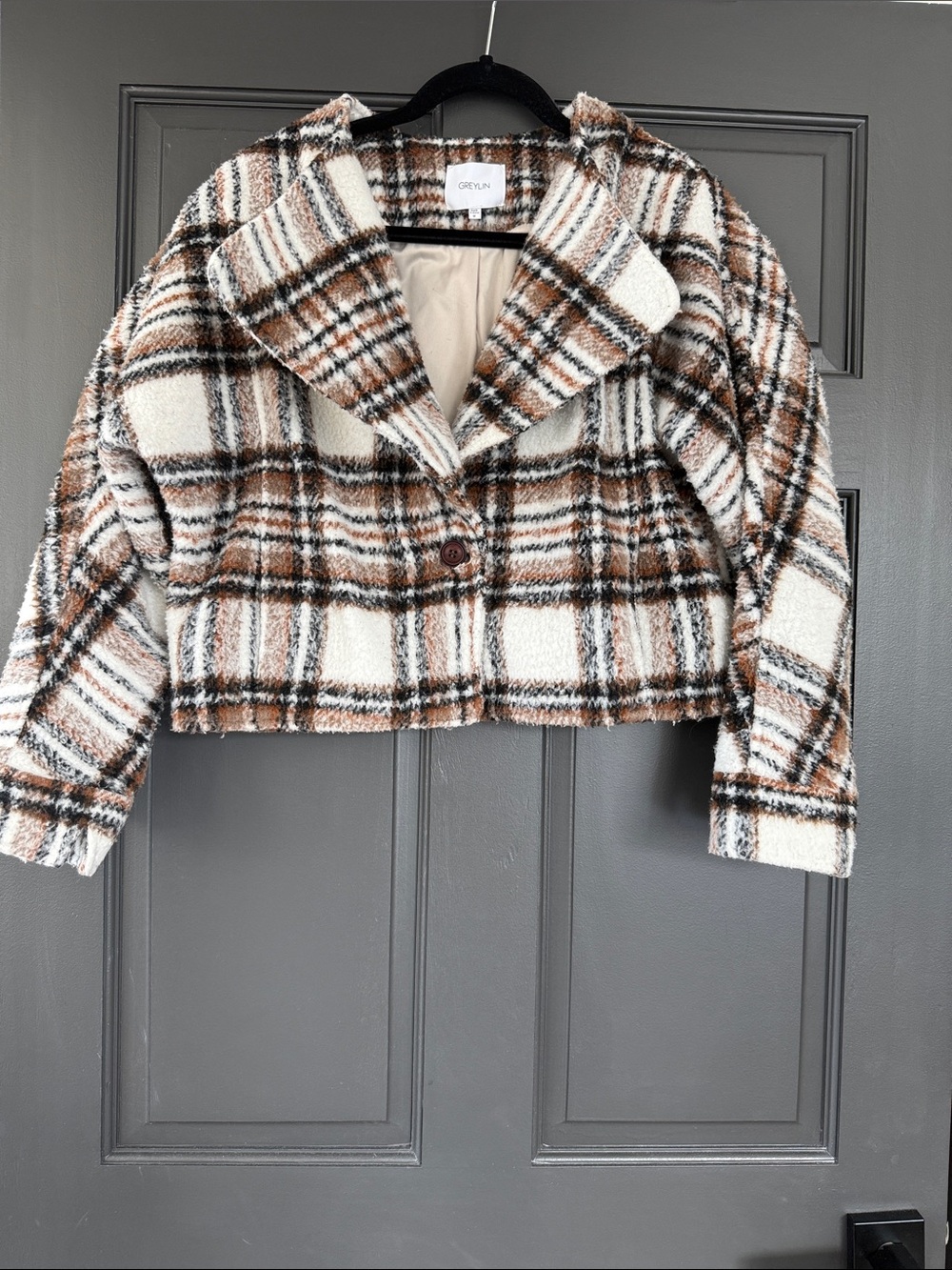 Greylin Cropped Plaid Teddy Jacket in Cream & Brown